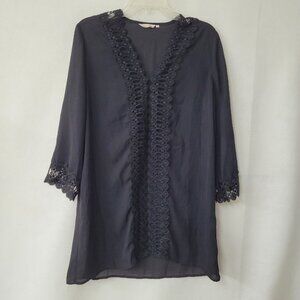 Miyang Swim Coverup‎ Dress Women M Black Embroidered Sheer V-Neck Beach Vacation